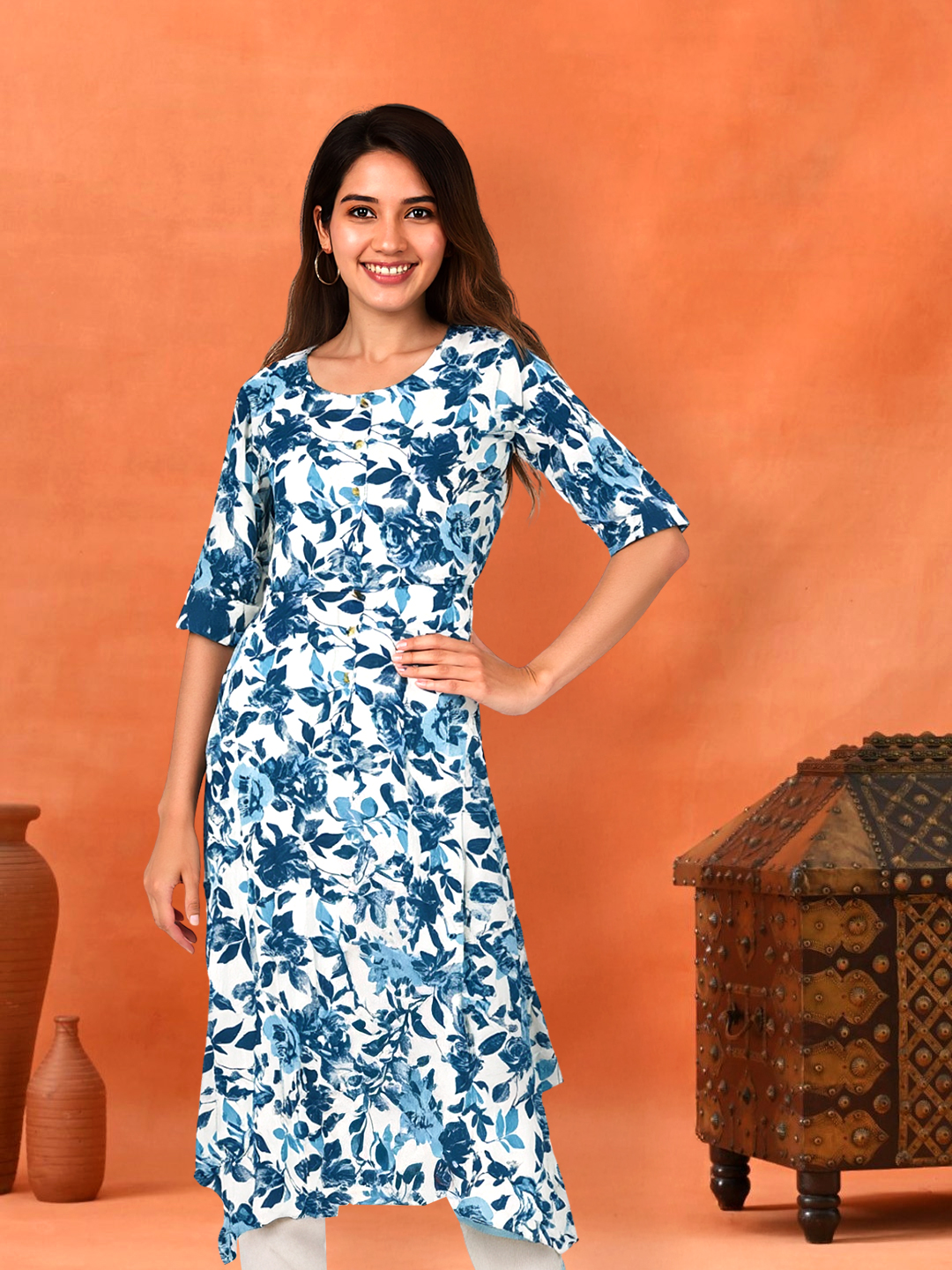 Picture of Floral Printed Kurta with Flowy High-Low Hemline